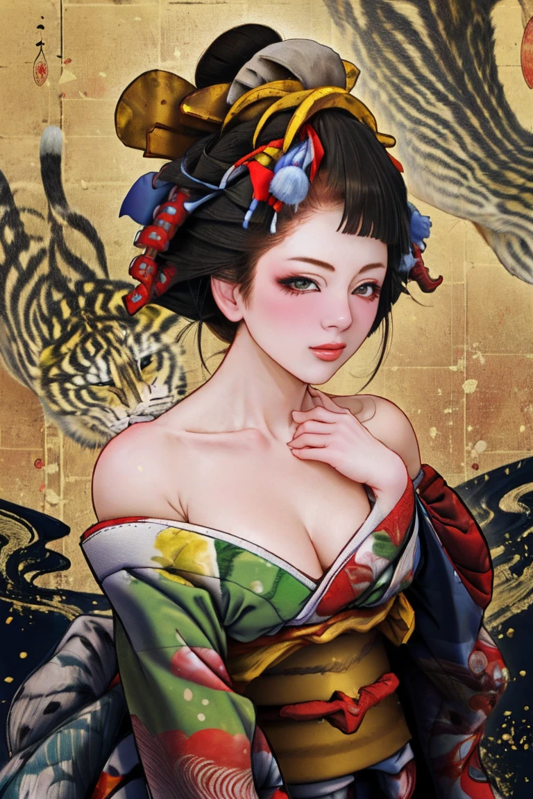 1 Mädchen, allein, Oiran, Maiko, Land, Blick ins Publikum, Kurzes Haar, braune Augen, braune Haare, schwarzes Haar, Haarschmuck, Oberkörper, Kimono, Stumpfer Pony, Kimono, Schärpe, kompensieren, Bob geschnittenes Haar, Hintergrund mit weißem Tiger, (((nackten Schultern:1.5))),