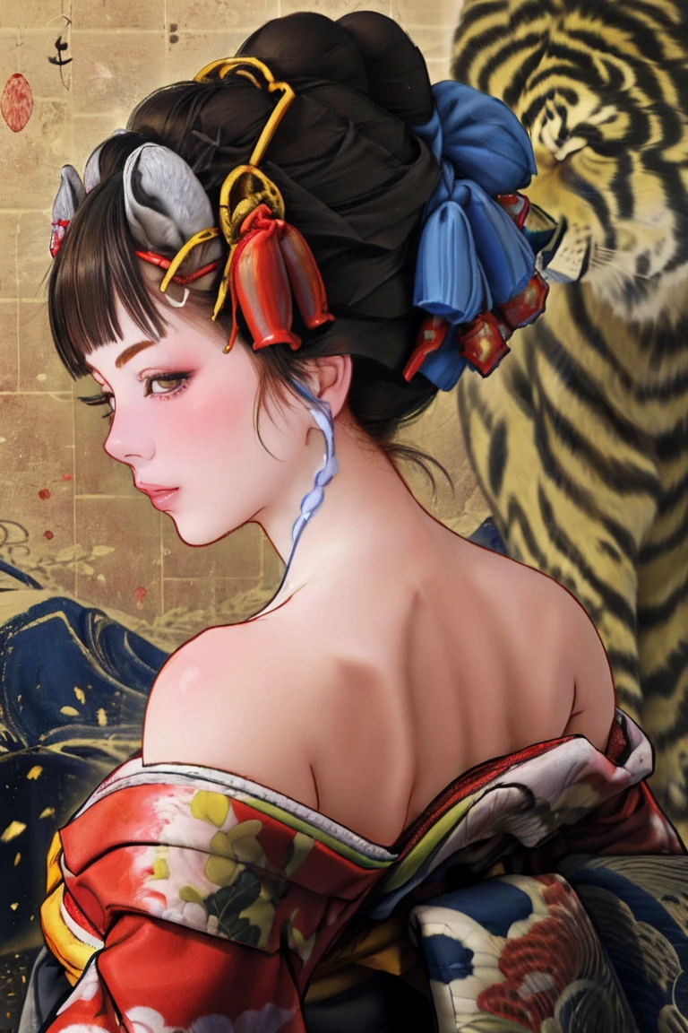 1 Girl, alone, Oiran, Maiko, country, Looking at the audience, short hair, Brown eyes, Brown Hair, Black Hair, hair ornaments, Upper Body, kimono, Blunt bangs, kimono, sash, Compensate, Bob cut hair, background with white Tiger, (((bare shoulders:1.5))),