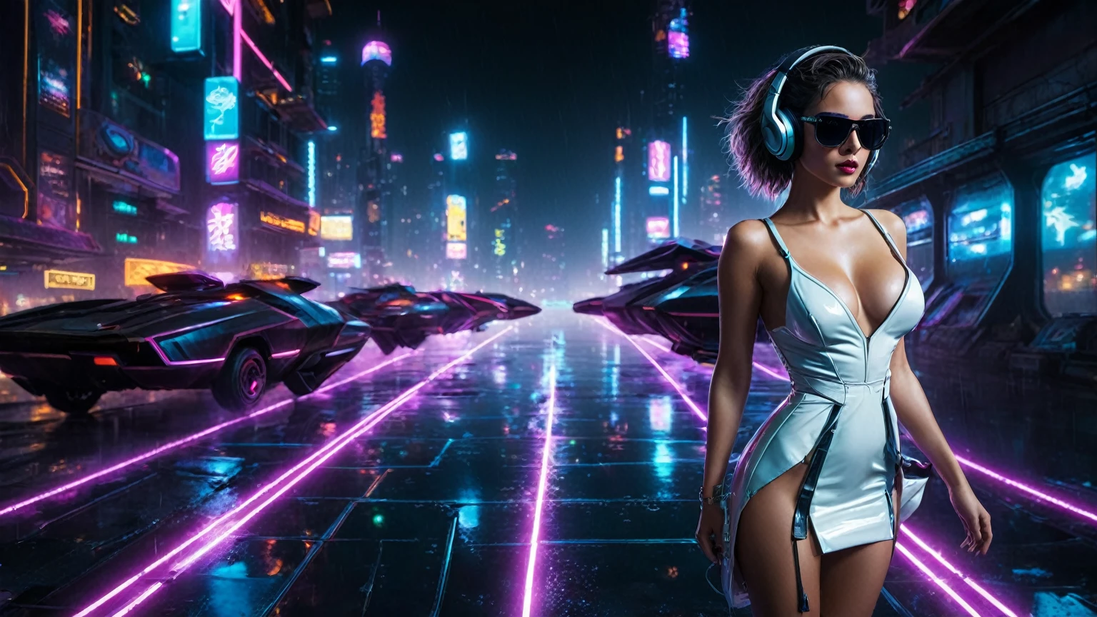 (aerial view, a flying cars docking platform, a very dark abandoned futuristic city, neon lights), rainy night. 1girl, solo, alone, large-breast:1.2 slim body, cleavage:1.1, sexy wind blowing wet dress:1.4, (headphone, black sunglasses), (((she raised a pistol:1.8 and took aim))), dynamic pose, (((half-body thigh level medium shot))), cinematic lighting, lens flare, ray tracing.