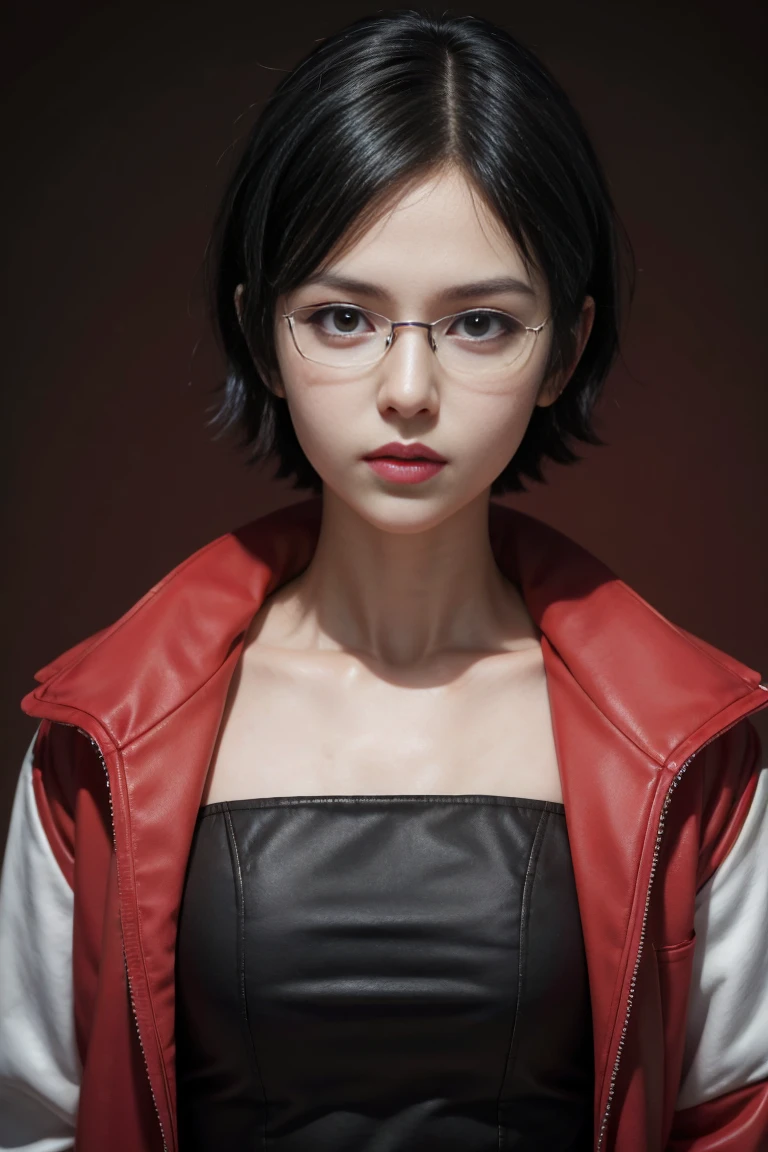 Sarada, age 25, pure white skin, black bob hair, perfect face, perfect aesthetic shape body, black and red jacket, black spects, 8k ultra realistic, high detailed, posing for a picture. 