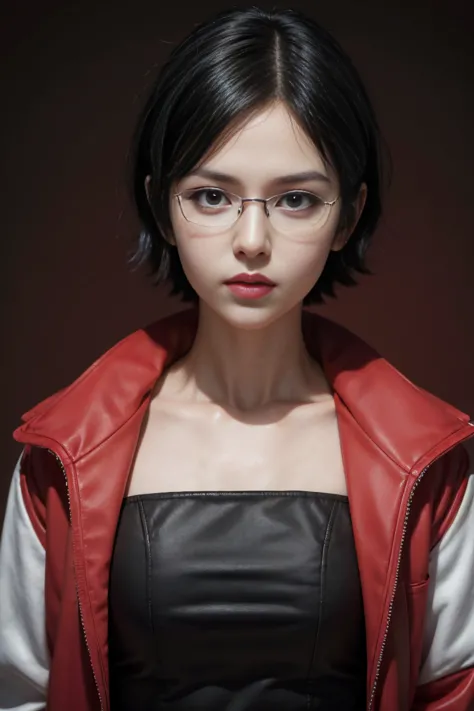 sarada, age 25, pure white skin, black bob hair, perfect face, perfect aesthetic shape body, black and red jacket, black spects,...