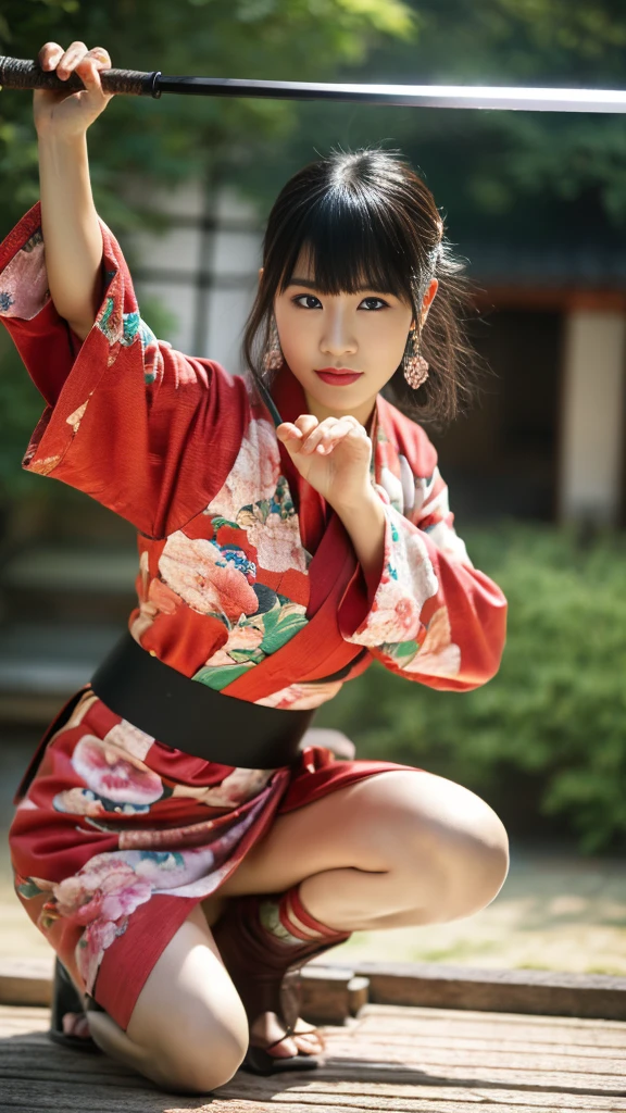 Beautiful Chinese woman, (16 years old), cute face, red lips, white moist skin,
BREAK,
Feminine body with high athletic ability, Female fitness model body, Feminine body with hard tones, (Muscles: 1.2), (Beautiful belly button),
BREAK,
Martial arts, Kung fu, Idol,
BREAK,
(Wearing cute kimono: 1.3), (Kimono with high exposure), (Red long boots 1.3), Necklace, Very large earrings, Short length,
BREAK,
Short hair, (Short bob hair), (Bangs: 1.2), (Pink hair), (Wavy hair),
BREAK,
(Very large Japanese sword: 1.4), (Holding the handle of a Japanese sword in hand: 1.3), (Raising a very large Japanese sword: 1.2), (Getting into a fighting stance),
BREAK,
(Japanese tattoo: 1.4),
BREAK,
Masterpiece, Perfect lighting, Ultra high resolution, 8K, (Very detailed: 1.4), (front view), looking at camera, melancholic expression,
BREAK,
(Tokyo city, lots of people in background), Japanese city background,