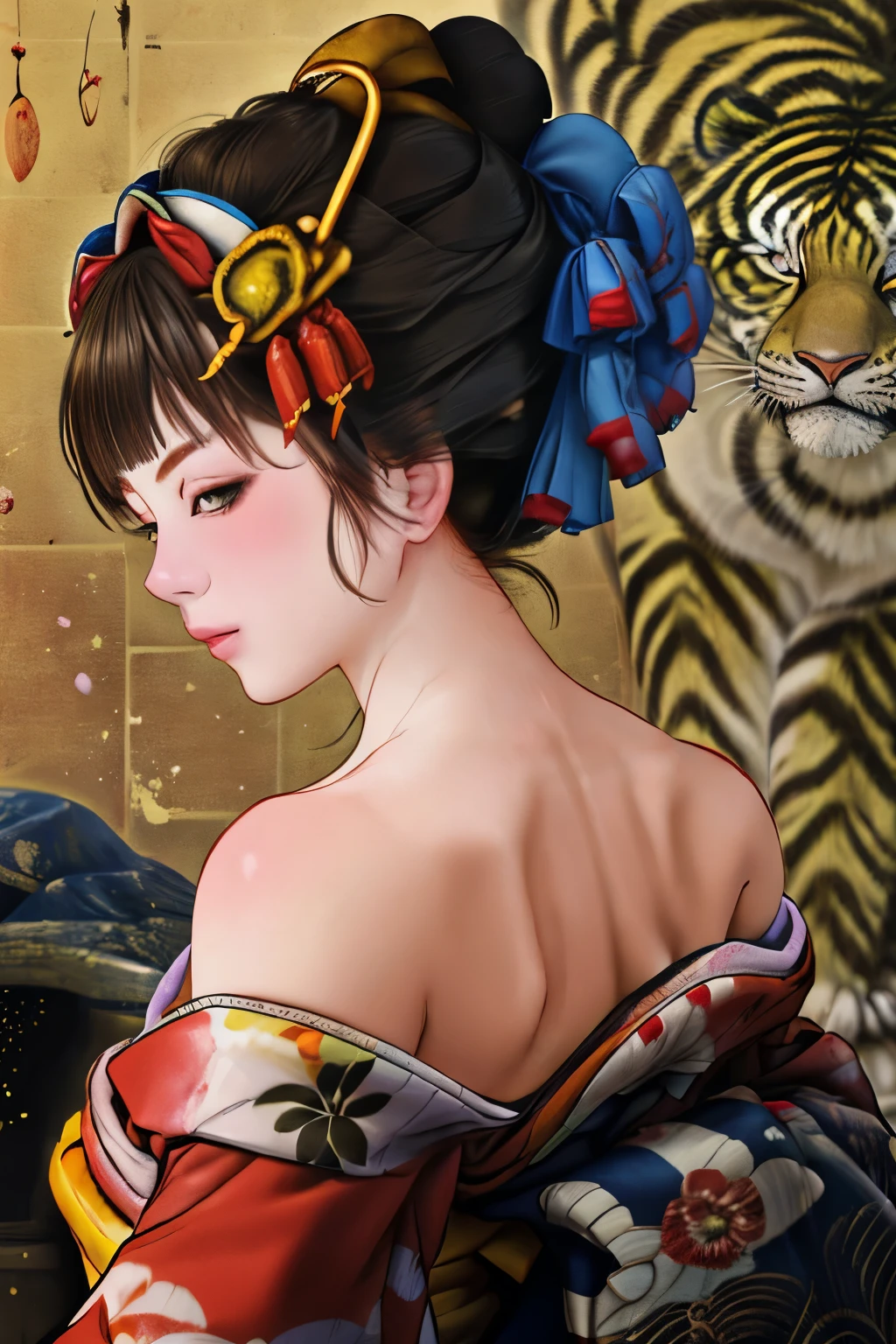 1 Girl, alone, Oiran, Maiko, country, Looking at the audience, short hair, Brown eyes, Brown Hair, Black Hair, hair ornaments, Upper Body, kimono, Blunt bangs, kimono, sash, Compensate, Bob cut hair, background with white Tiger, (((bare shoulders:1.5))),