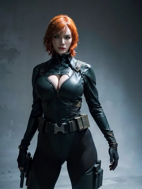 Imagine Christina Hendricks as a Metal Gear Solid character, powerful female character, short wavy orange hair and bright blue e...