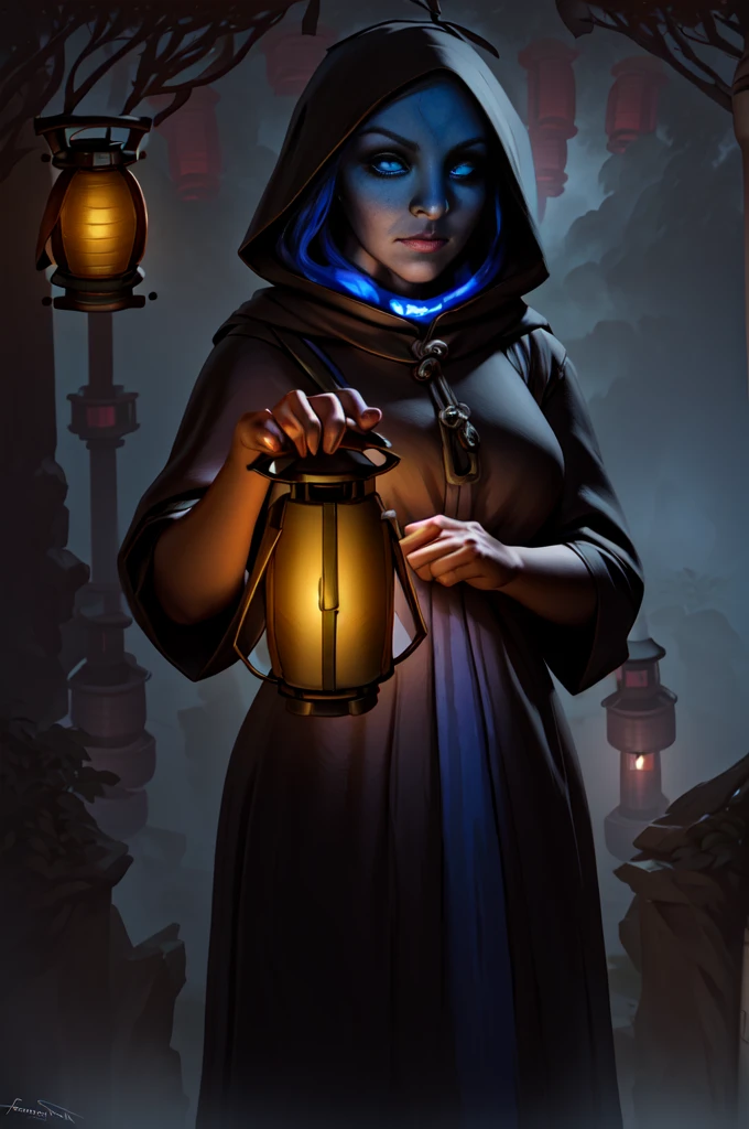 selfie, 1 character, rpg fantasy, fantasy race. in darkness, holding a lantern (lantern in front face: 1.5), magic item, large lantern suspended by chain. the lantern shiny bright and conjuring falling smoke, blue fire. priest, hood, light reflect in face and eyes, serious expression. perfect hands [[in 2 hands, 5_fingers, five_finger, 5f, 5_fingered]]. original character, authentic. looking to viewer, focus on talisman and face.  centered, solo character, front view. semi realistic painting style, illustration. blank background, empty.3D, baroque style,oil paint,Rococo style, 3d