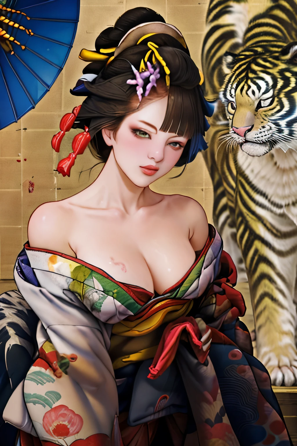 1 Girl, alone, Oiran, Maiko, country, Looking at the audience, short hair, Brown eyes, Brown Hair, Black Hair, hair ornaments, Upper Body, kimono, Blunt bangs, kimono, sash, Compensate, Bob cut hair, background with white Tiger, (((bare shoulders:1.5))),