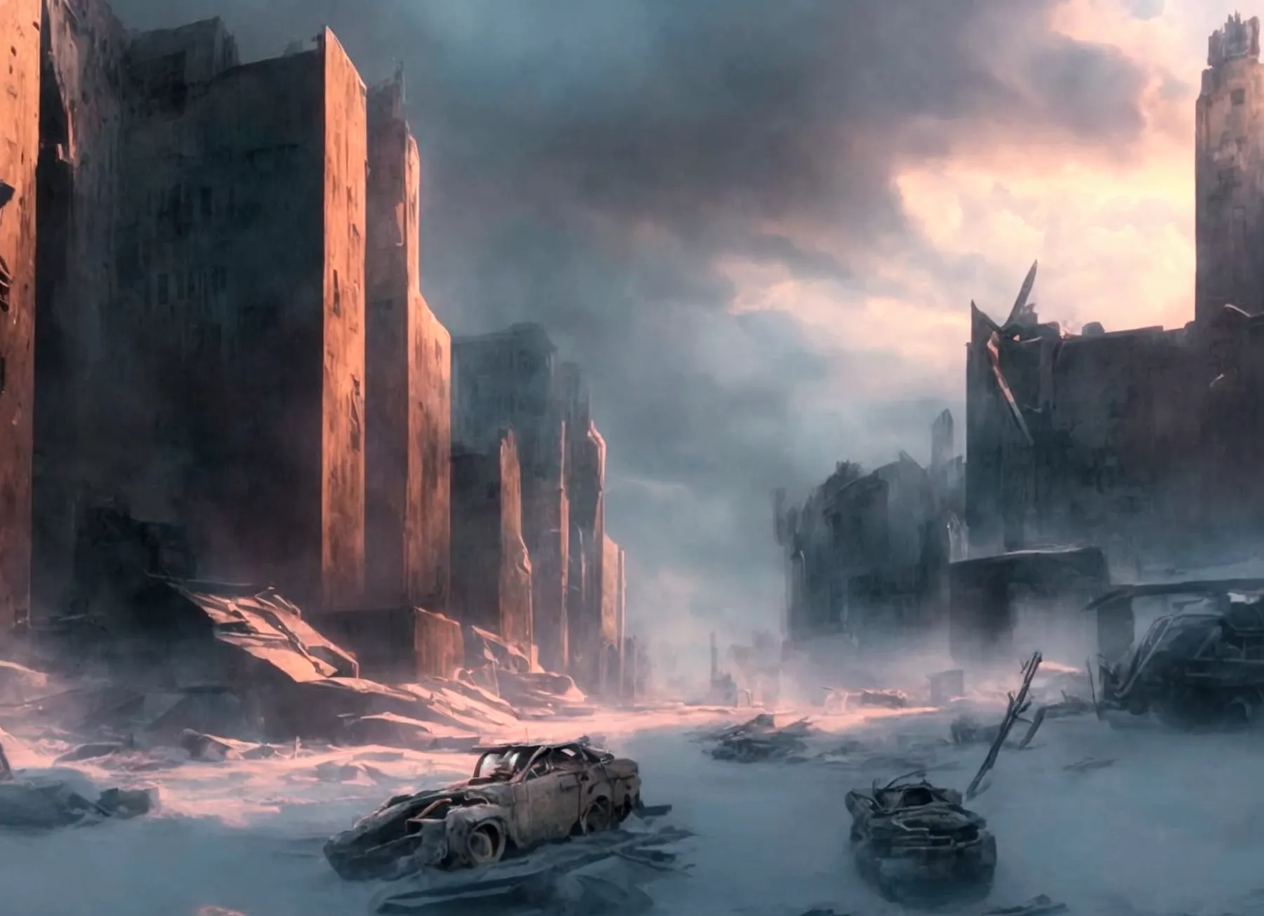 a post-apocalyptic modern city, abandoned and destroyed by a massive snowstorm, epic landscape, ominous atmosphere, snow-covered...