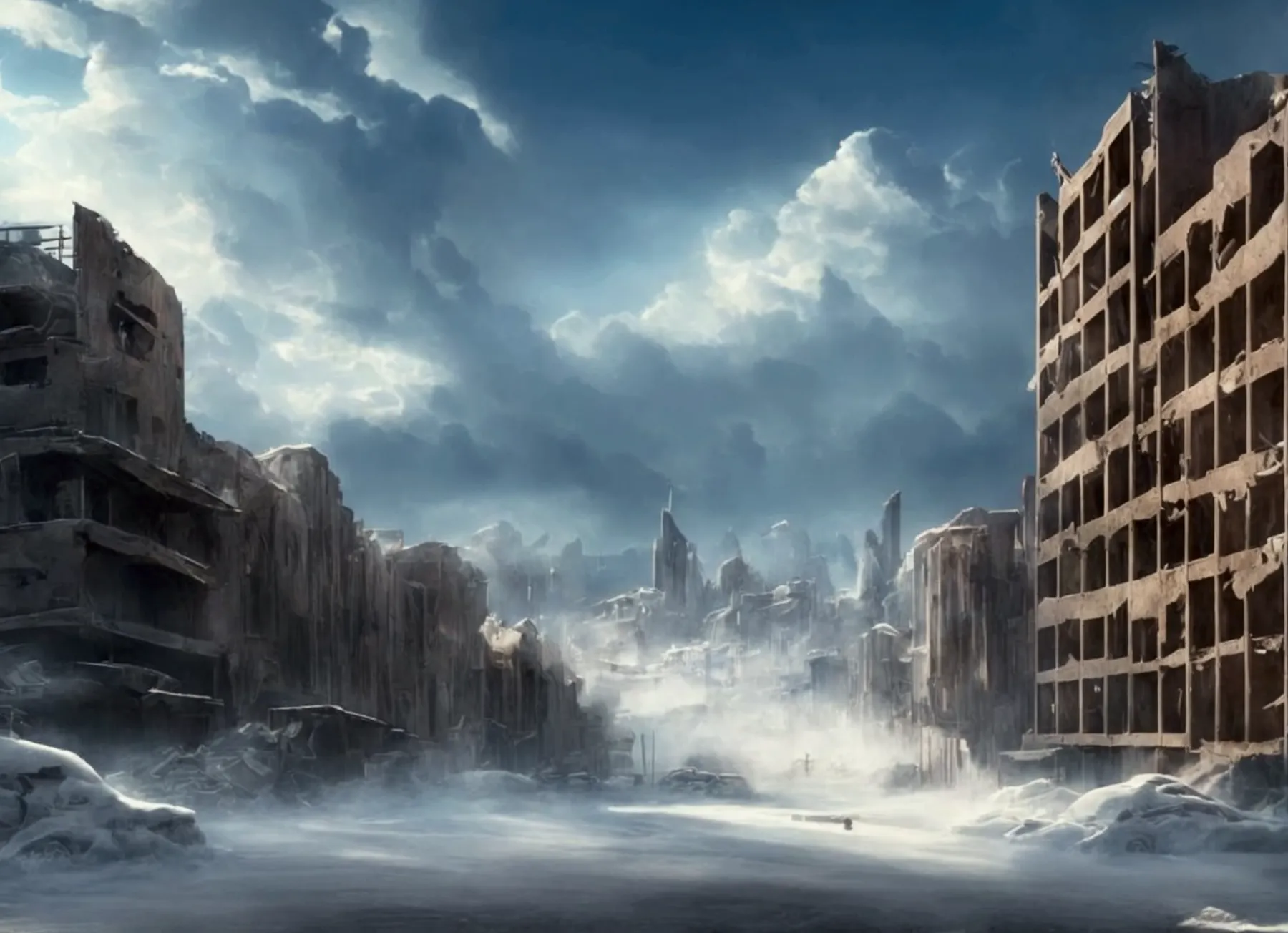 a post-apocalyptic modern city, abandoned and destroyed by a massive snowstorm, epic landscape, ominous atmosphere, snow-covered...