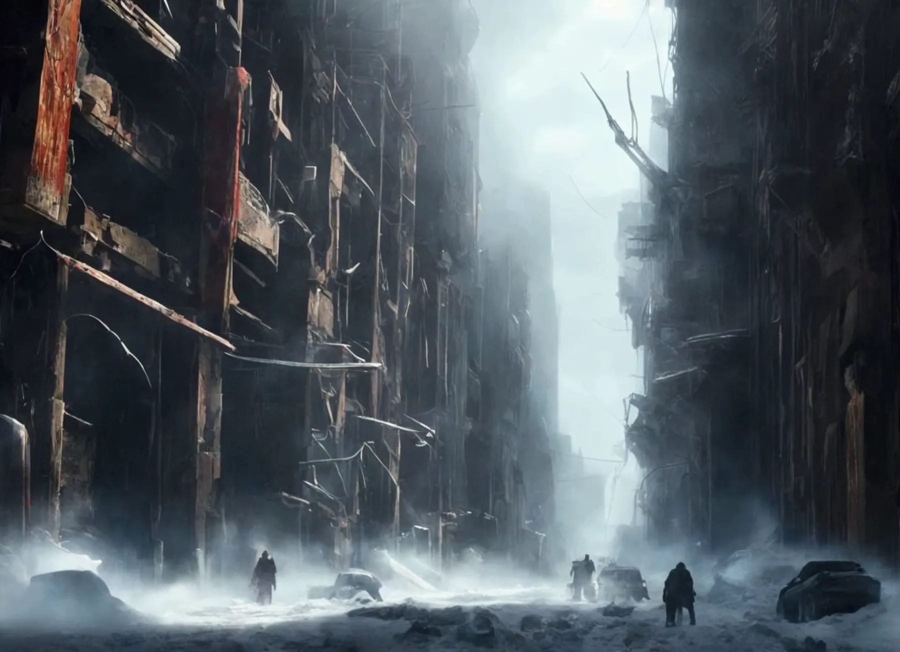 a post-apocalyptic modern city, abandoned and destroyed by a massive snowstorm, epic landscape, ominous atmosphere, snow-covered...