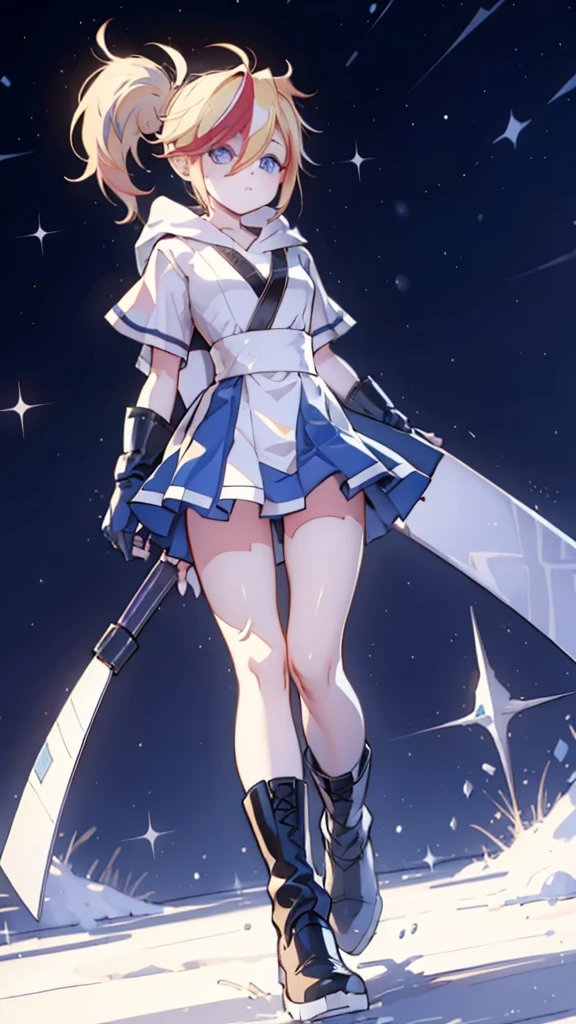 1 girl, ultra long hair, ultra detailed face, glowing lips, glowing blue eyes, very long ponytail, elegant walk, catwalk, holding down a  giant katana, blonde, long eyelashes, long boots , looking to the sky, starry sky, a ultra giant katana 