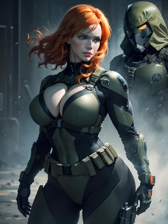 Imaginez Christina Hendricks dans le rôle d&#39;un personnage de Metal Gear Solid, Personnage féminin puissant, cheveux orange courts ondulés et yeux bleu vif, 4, traits du visage frappants et matures, construction agile et athlétique, (Résistant: Gants sans doigts, costume moulant, combinaison furtive noire et verte, découpe de décolleté, ceinture utilitaire, brassards métalliques, bottes blindées, étuis à armes à feu), Le costume est si serré que les seins de Christina Hendricks y rentrent à peine, La combinaison met en valeur sa furtivité et ses prouesses au combat. Présence furtive et redoutable du personnage, rendu hyper réaliste pour capturer chaque détail, mettant en valeur la maîtrise de l’art du portrait numérique, qualité photoréaliste ultime, expression faciale très détaillée mettant en valeur la détermination et la stratégie du personnage,  des notes subtiles d&#39;éléments high-tech et militaristes reflétant la véritable essence de l&#39;univers Metal Gear Solid, couleurs vibrantes avec des gris profonds et des tons froids contrastés, créer un portrait visuellement saisissant et captivant.
