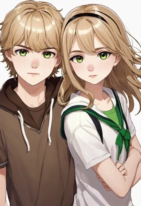 Creates a male and female teenage couple,  has straight, blonde hair, greeneyes, white skin color e usa óculos eo 
Menino tem ca...