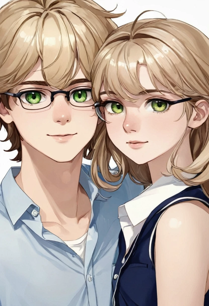 Creates a male and female teenage couple,  has straight, blonde hair, greeneyes, white skin color e usa óculos eo 
 tem cabelo cacheado e castanho escuro, light brown eyes, white skin color