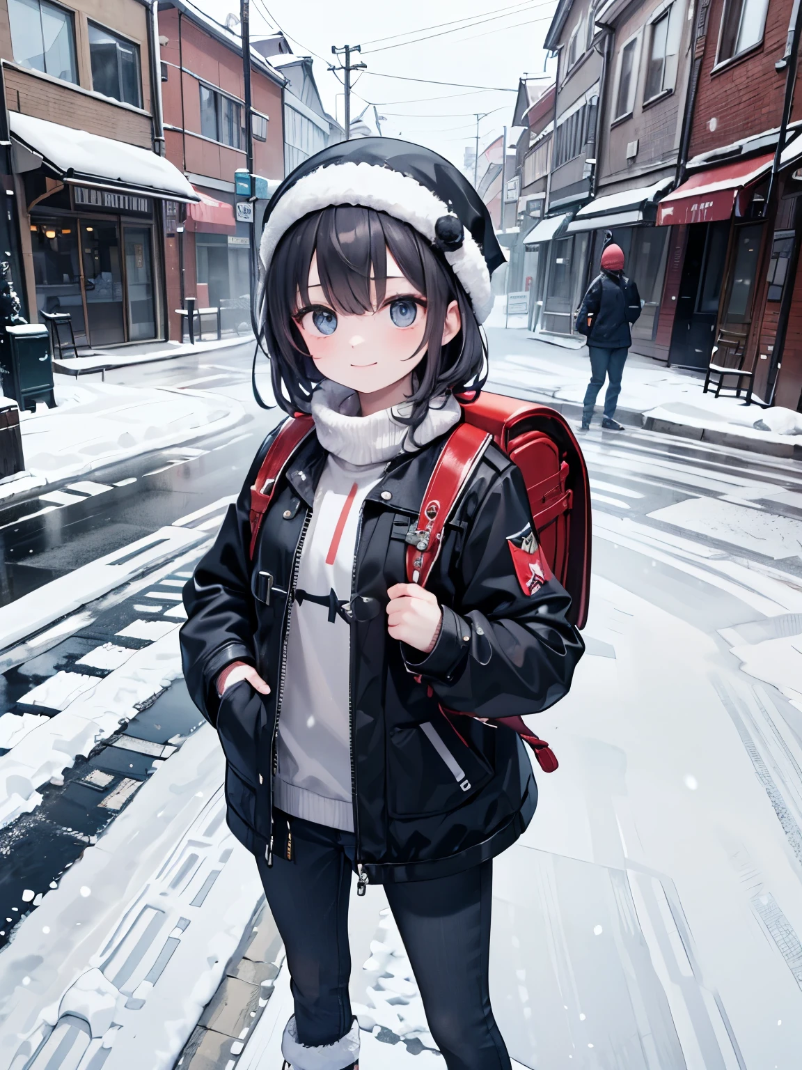 highest quality、masterpiece、8K、best image quality、hyper realism、Award-winning work)、(solo:1.1)、(1 photo:1.1)、Hd, (8k),(masterpiece),(russian),(1 girl),smile,cute,Innocent,Kind eyes, wearing winter jacket, (winter jacket:1.2), thick jacket, snow jacket, wearing winter headcap, Carrying a red backpack), (backpack:1.2),Straight hair ,Black Hair,Somewhat strong wind, standing, outdoor, winter, (snow:1.3), snow storm, Russian streets, apartement buildings background 