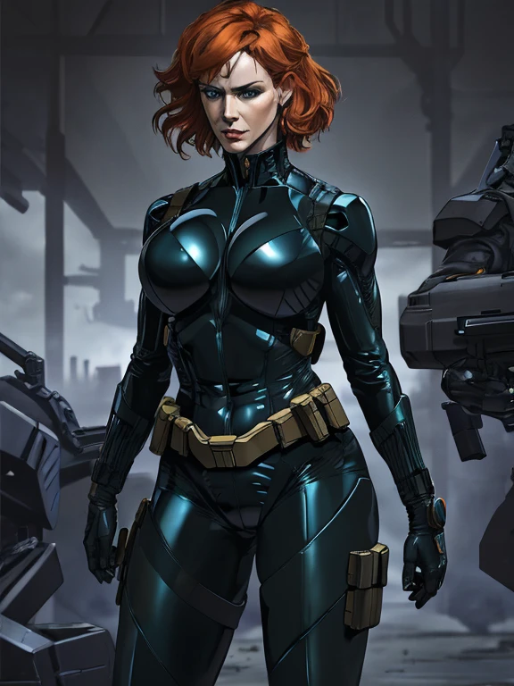 Imagine Christina Hendricks as a Metal Gear Solid character, powerful female character, short wavy orange hair and bright blue eyes, 48 years old, striking and mature facial features, agile and athletic build, (Wearing: Fingerless Gloves, skin-tight suit, black and green stealth suit, cleavage cutout, utility belt, metallic armlets, armored boots, gun holsters), The suit is so tight that Christina Hendricks breasts barely fit in it, The suit emphasizes her stealth and combat prowess. Stealthy and formidable presence of the character, hyper-realistic rendering to capture every minute detail, showcasing the mastery of digital portrait artistry, ultimate photorealistic quality, highly detailed facial expression showcasing the determination and strategy of the character,  subtle hints of high-tech and militaristic elements reflecting the true essence of the Metal Gear Solid universe, vibrant colors with deep gray’s and contrasting cool tones, creating a visually striking and captivating portrait.
