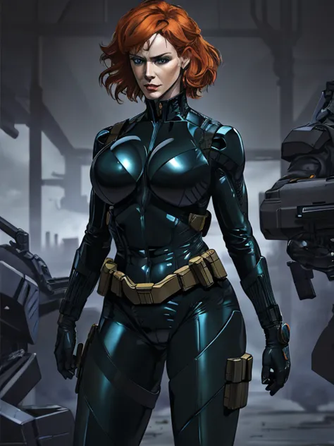 Imagine Christina Hendricks as a Metal Gear Solid character, powerful female character, short wavy orange hair and bright blue e...