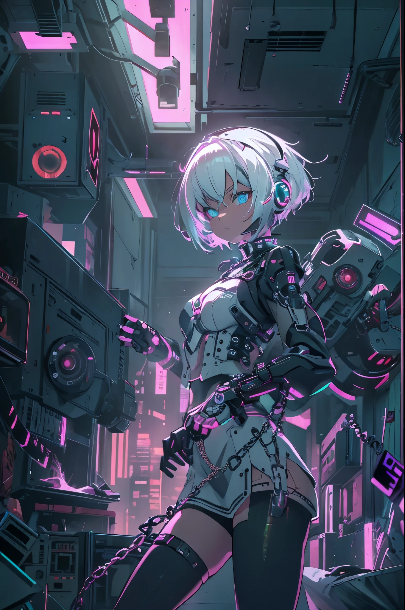 Android Girl,white hair,short and messy hair, purple neon eyes, Holding a chain whip,chains on the hands,chains action, very cute, skirt, white blouse, cyberpunk style, eletronic gloves, mecanic parts, eletronic details,living room background.HD lighting and dark )(epic image quality) dark atmosphere with bright particle light(many effects in background), dinamic shot, robot, neon tweaks, cyberpunk theme