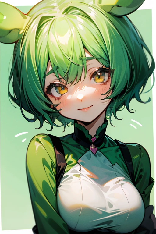 a beauty girl，Yellow-green hair，bobhair、short-hair、Gentle drooping eyes，large full breasts、Uniformanga style，fulcolor，hi-school girl，Calm and gentle face，Big smile、innocent smiles