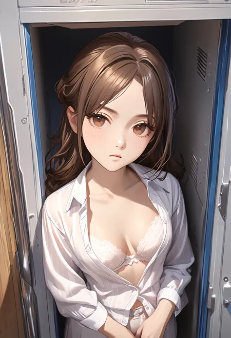 (((masterpiece) (((((highest quality))))((high resolution))))), very detailed, ultra-realistic, )、、lockerルーム、open shirt、white br...