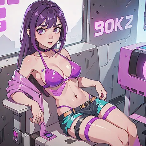 purple-haired girl in bikini sitting on a purple chair, european cyberpunk, cyberpunk 2000. model girl, fantastic cyberpunk girl...