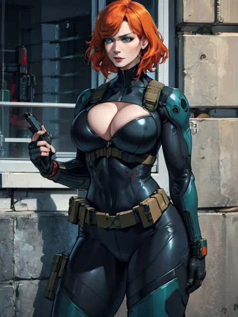 Imagine Christina Hendricks as a Metal Gear Solid character, powerful female character, short wavy orange hair and bright blue e...