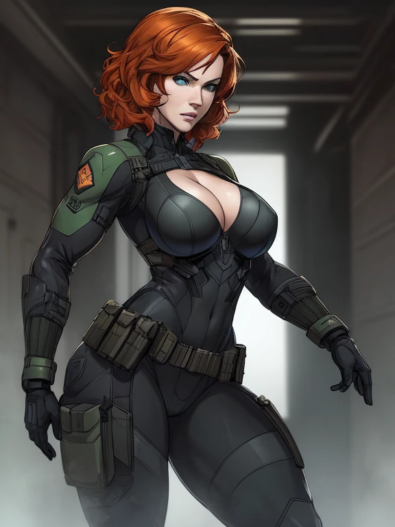 Imagine Christina Hendricks as a Metal Gear Solid character, powerful female character, short wavy orange hair and bright blue eyes, 4, striking and mature facial features, agile and athletic build, (Wearing: Fingerless Gloves, skin-tight suit, black and green stealth suit, cleavage cutout, utility belt, metallic armlets, armored boots, gun holsters), The suit is so tight that Christina Hendricks breasts barely fit in it, The suit emphasizes her stealth and combat prowess. Stealthy and formidable presence of the character, hyper-realistic rendering to capture every minute detail, showcasing the mastery of digital portrait artistry, ultimate photorealistic quality, highly detailed facial expression showcasing the determination and strategy of the character,  subtle hints of high-tech and militaristic elements reflecting the true essence of the Metal Gear Solid universe, vibrant colors with deep gray’s and contrasting cool tones, creating a visually striking and captivating portrait.
