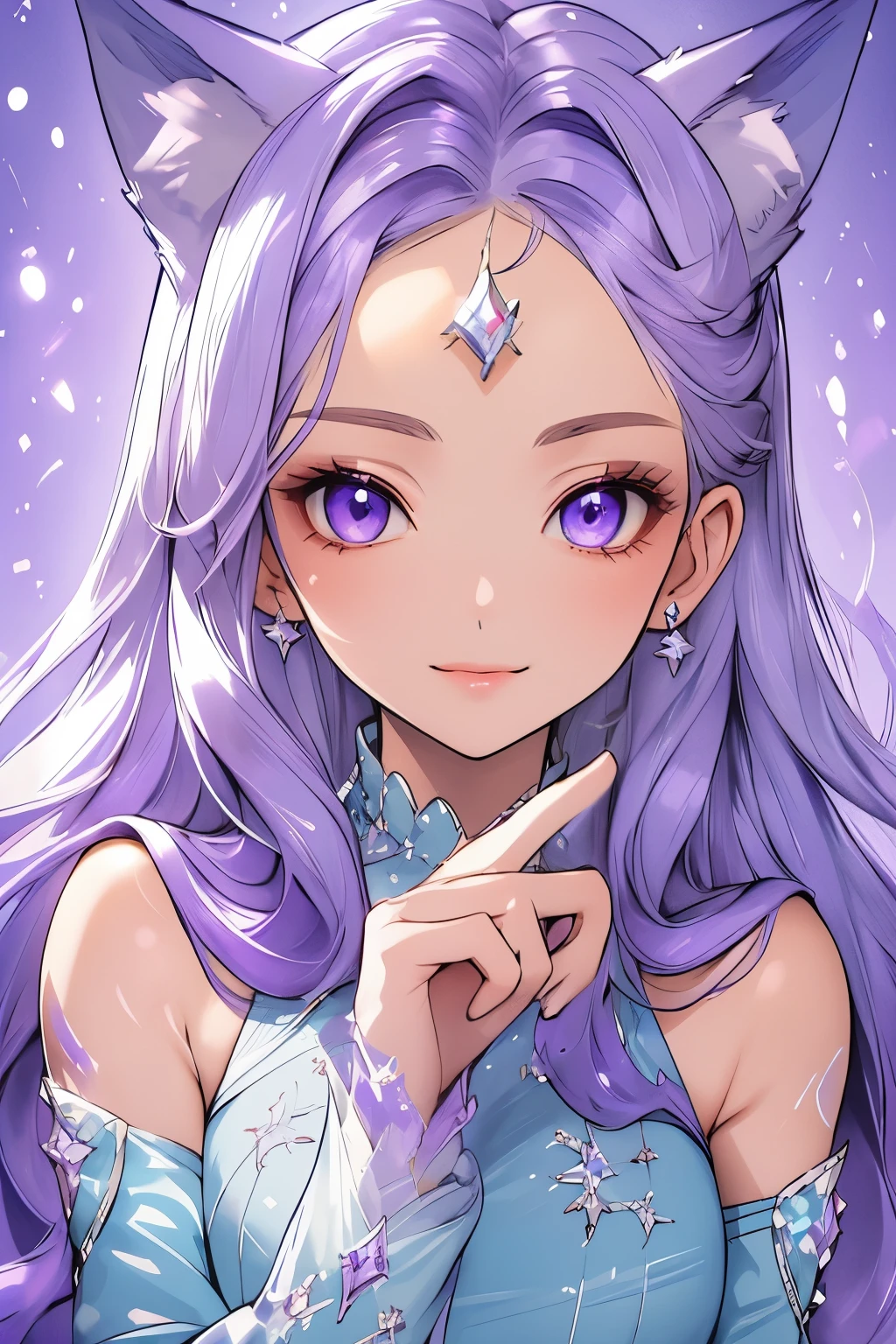 ((best quality)), ((masterpiece)), (detailed), detailed eyes, detailed hands, close up image of her face, female, light purple hair, light purple fox ears, detailed eight-pointed crystal star tattoo on her forehead, delicate and beautiful detailing, beautiful face, well-proportioned detailed purple eyes, round detailed purple eyes and makeup, beautiful detailed and clear purple eyes, volume smooth and sharp, best quality, very beautiful and meticulous eight-pointed crystal star tattoo on her forehead, delicate, must have an eight-pointed crystal star that is placed on the forehead, mouth closed smile, not fully smiling, gazing out in wonder