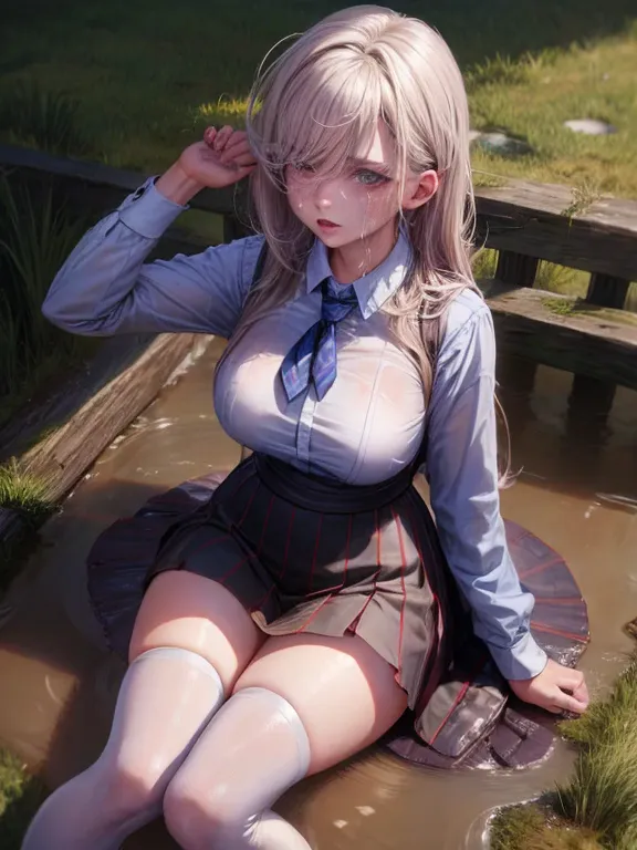 school girl was sprayed with water , school girl was sprayed with water , (masterpiece, best quality:1.2),  , look at the viewer...