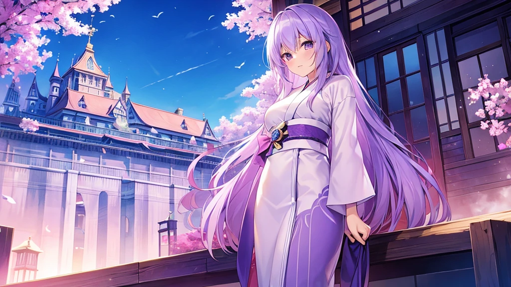 woman　clear　Light purple hair　　kimono　　Anime Style　　Western Castle
