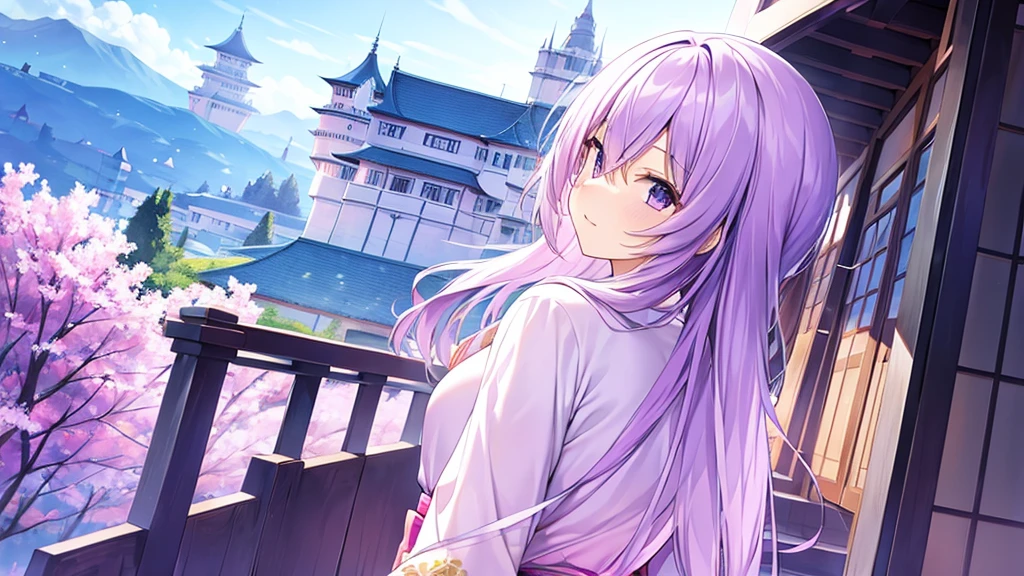 woman　clear　Light purple hair　　kimono　　Anime Style　　Western Castle
