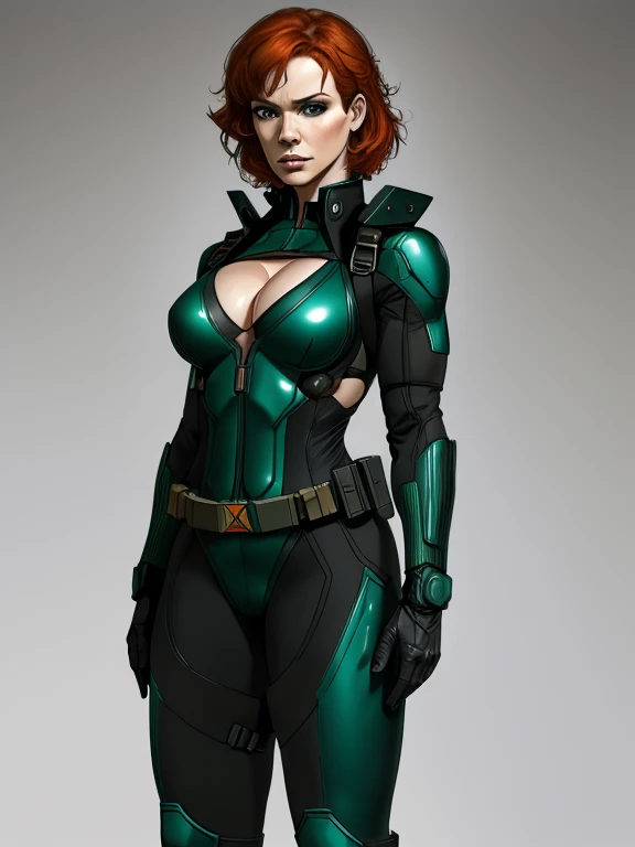 Imagina a Christina Hendricks como un personaje de Metal Gear Solid, poderoso personaje femenino, Cabello naranja corto y ondulado y ojos azules brillantes., 4, rasgos faciales llamativos y maduros, constitución ágil y atlética, (Agotador: Guantes sin dedos, traje ajustado, traje sigiloso negro y verde, recorte de escote, cinturón de herramientas, brazaletes metalicos, botas blindadas, fundas de armas), El traje es tan ajustado que los pechos de Christina Hendricks apenas caben en él., El traje enfatiza su sigilo y su destreza en combate.. presencia sigilosa y formidable del personaje, Representación hiperrealista para capturar cada detalle., mostrando el dominio del arte del retrato digital, máxima calidad fotorrealista, Expresión facial muy detallada que muestra la determinación y estrategia del personaje.,  Sutiles toques de elementos militaristas y de alta tecnología que reflejan la verdadera esencia del universo Metal Gear Solid., colores vibrantes con grises profundos y tonos fríos contrastantes, creando un retrato visualmente impactante y cautivador.
