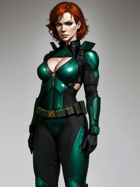 Imagine Christina Hendricks as a Metal Gear Solid character, powerful female character, short wavy orange hair and bright blue e...