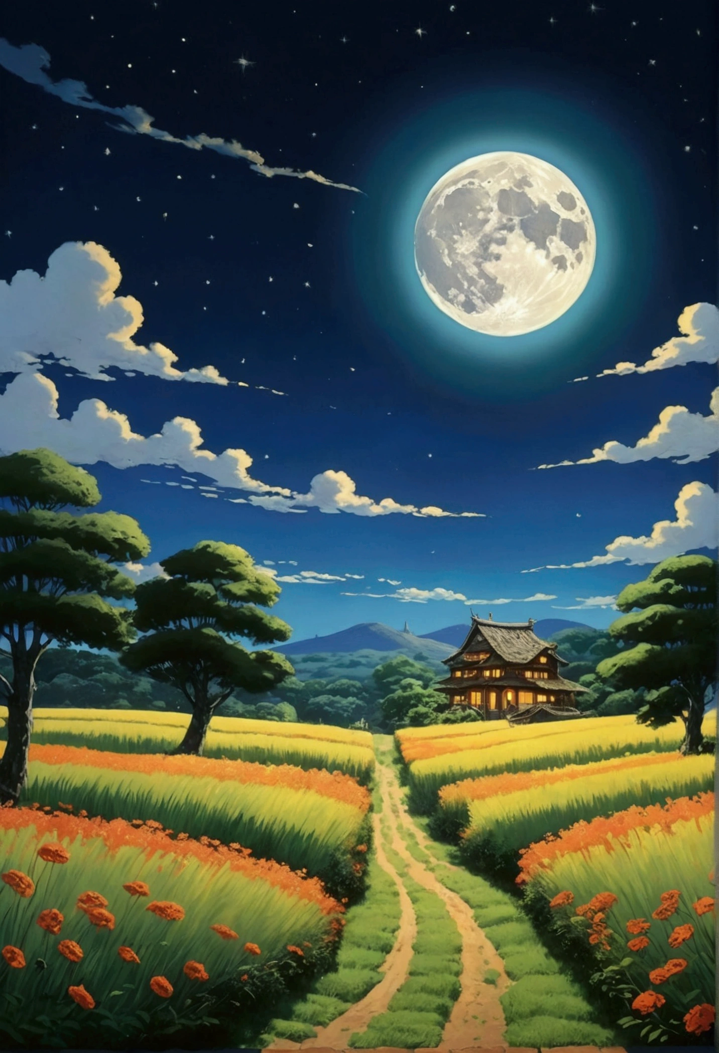 Ghibli　　summer　fire Fly　　full moon　countryside