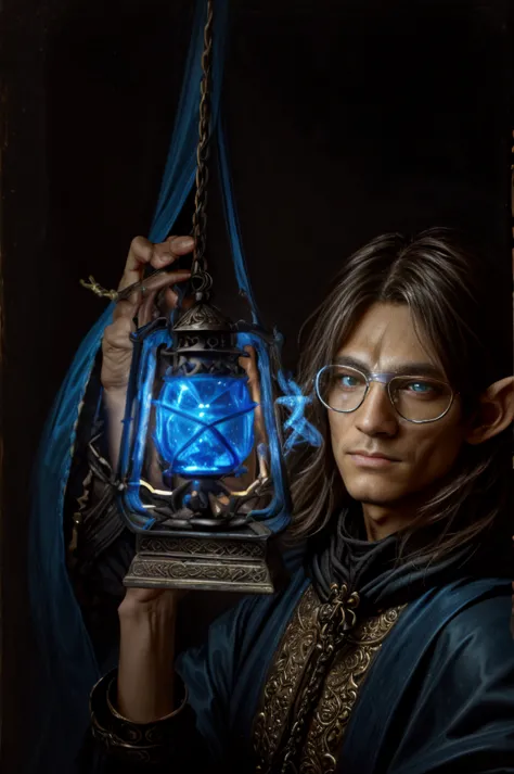 selfie, 1 elf, pointy eays, rpg fantasy, fantasy race. in darkness, holding a lantern in front face (focus on lantern), magic it...