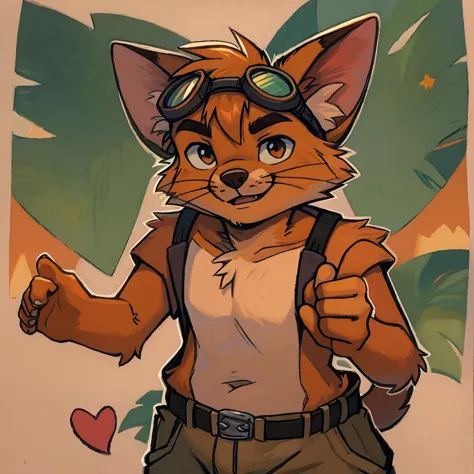 male, anthro, furry, toulouse, orange fur, goggles on head, kitten, heart gesture, simple masterpiece, (by donkeyramen)(by pino ...