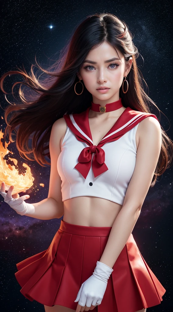 ((HD Real, Same 1 level)), Extremely realistic, masterpiece, Highest quality, High resolution, Same 1, space, Stunning beauty, Upper Body Shot, 1 girl, chest, gloves, lips, alone, Sailor Mars, Purple eyes,  uniform, Show more1, tiara, sailor warrior uniform, (RAW Photos, Highest quality), masterpiece, 浮かぶ長いBlack Hair, Red Sailor Collar, bow, choker, 白いgloves, red choker, 肘用gloves, jewelry, Earrings, Red Skirt, only, whole body, Black Hair, (Perfect hands): 3.8, Octane Rendering, Goddess of Fire, (close: 1.2) In detail, Beautiful Eyes, close, Small eyes, Show Viewer, to8 contrast style, Octane line drawing, space background, Mars, There&#39;s flames all around her, Red Flame, Intense gaze, Clear Eyes, Hands down