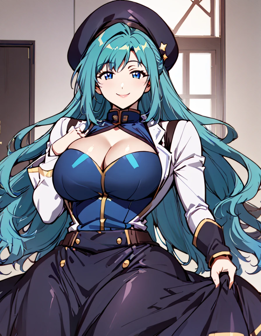 Anime, 1 girl, solo, kimtag, Very long hairstyle, cyan colored hair, blue eyes, happy face, busty, firm plump body, genetics's uniform , Juliet sleeves, deep cleavage, large beret,, large skirt, holding her own hands