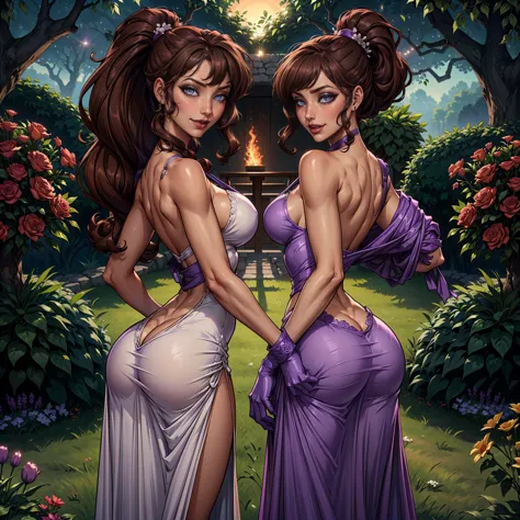 megara, ((long hair, brown hair, ponytail, bangs, glowing violet eyes, eyeshadow, lipstick, makeup, narrow waist, skinny, medium...