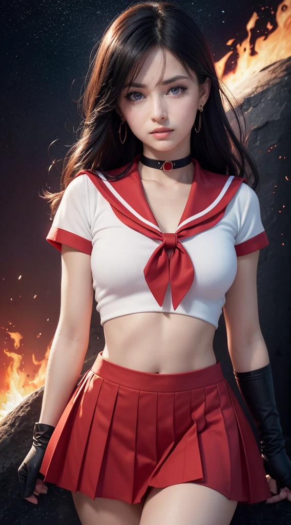 ((HD Real, Same 1 level)), Extremely realistic, masterpiece, Highest quality, High resolution, Same 1, space, Stunning beauty, Upper Body Shot, 1 girl, chest, gloves, lips, alone, Sailor Mars, Purple eyes,  uniform, Show more1, tiara, sailor warrior uniform, (RAW Photos, Highest quality), masterpiece, 浮かぶ長いBlack Hair, Red Sailor Collar, bow, choker, 白いgloves, red choker, 肘用gloves, jewelry, Earrings, Red Skirt, only, whole body, Black Hair, (Perfect hands): 3.8, Octane Rendering, Goddess of Fire, (close: 1.2) In detail, Beautiful Eyes, close, Small eyes, Show Viewer, to8 contrast style, Octane line drawing, space background, Mars, There&#39;s flames all around her, Red Flame, Intense gaze, Clear Eyes, Hands down