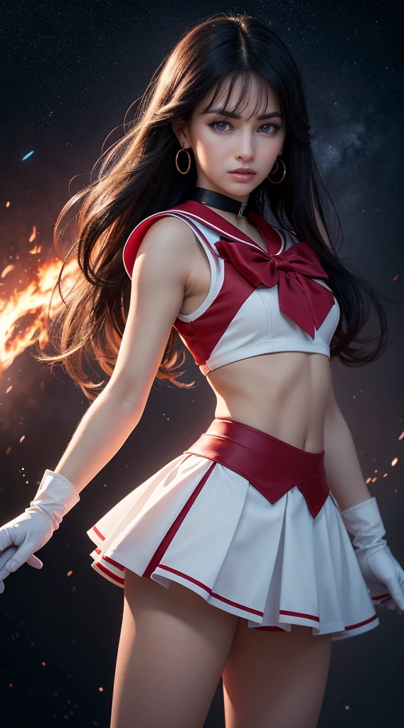 ((HD Real, Same 1 level)), Extremely realistic, masterpiece, Highest quality, High resolution, Same 1, space, Stunning beauty, Upper Body Shot, 1 girl, chest, gloves, lips, alone, Sailor Mars, Purple eyes,  uniform, Show more1, tiara, sailor warrior uniform, (RAW Photos, Highest quality), masterpiece, 浮かぶ長いBlack Hair, Red Sailor Collar, bow, choker, 白いgloves, red choker, 肘用gloves, jewelry, Earrings, Red Skirt, only, whole body, Black Hair, (Perfect hands): 3.8, Octane Rendering, Goddess of Fire, (close: 1.2) In detail, Beautiful Eyes, close, Small eyes, Show Viewer, to8 contrast style, Octane line drawing, space background, Mars, There&#39;s flames all around her, Red Flame, Intense gaze, Clear Eyes, Hands down