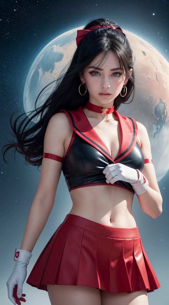 ((HD Real, Same 1 level)), Extremely realistic, masterpiece, Highest quality, High resolution, Same 1, space, Stunning beauty, Upper Body Shot, 1 girl, chest, gloves, lips, alone, Sailor Mars, Purple eyes,  uniform, Show more1, tiara, sailor warrior uniform, (RAW Photos, Highest quality), masterpiece, 浮かぶ長いBlack Hair, Red Sailor Collar, bow, choker, 白いgloves, red choker, 肘用gloves, jewelry, Earrings, Red Skirt, only, whole body, Black Hair, (Perfect hands): 3.8, Octane Rendering, Goddess of Fire, (close: 1.2) In detail, Beautiful Eyes, close, Small eyes, Show Viewer, to8 contrast style, Octane line drawing, space background, Mars, There&#39;s flames all around her, Red Flame, Intense gaze, Clear Eyes, Hands down