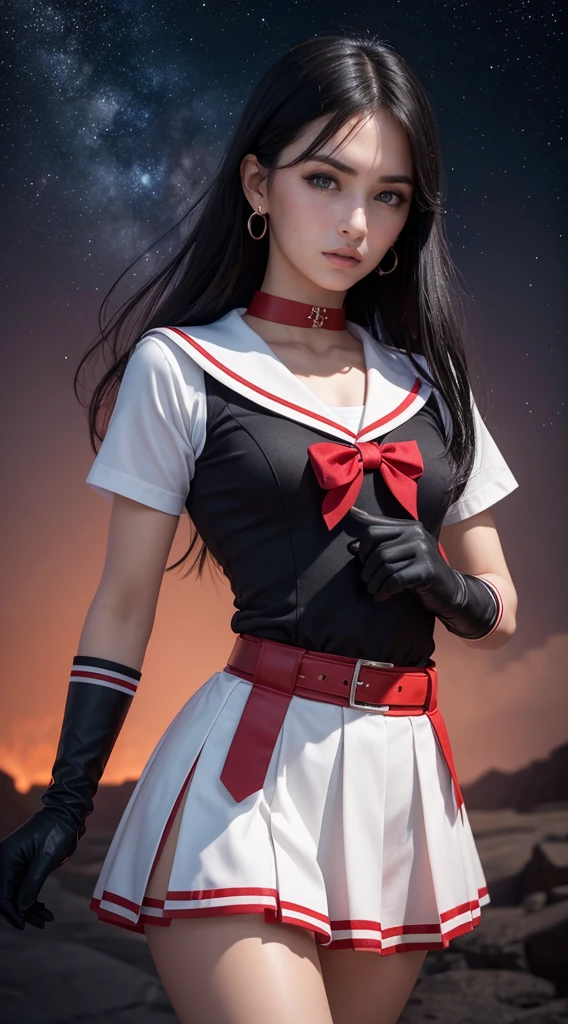 ((HD Real, Same 1 level)), Extremely realistic, masterpiece, Highest quality, High resolution, Same 1, space, Stunning beauty, Upper Body Shot, 1 girl, chest, gloves, lips, alone, Sailor Mars, Purple eyes,  uniform, Show more1, tiara, sailor warrior uniform, (RAW Photos, Highest quality), masterpiece, 浮かぶ長いBlack Hair, Red Sailor Collar, bow, choker, 白いgloves, red choker, 肘用gloves, jewelry, Earrings, Red Skirt, only, whole body, Black Hair, (Perfect hands): 3.8, Octane Rendering, Goddess of Fire, (close: 1.2) In detail, Beautiful Eyes, close, Small eyes, Show Viewer, to8 contrast style, Octane line drawing, space background, Mars, There&#39;s flames all around her, Red Flame, Intense gaze, Clear Eyes, Hands down