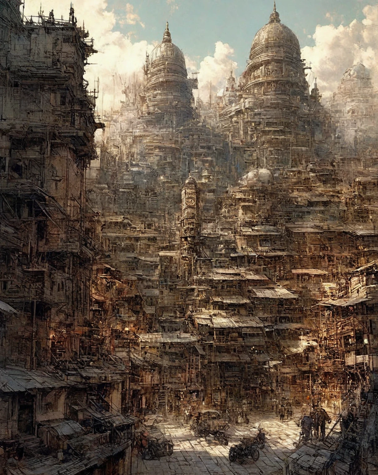 there is a drawing of a city with a clock tower, insanely highly detailed artwork, realistic painting of a complex, complex layered composition!!, expansive detailed layered city, realistic intricate concept art, big and structured valhalla city, multi layered huge architectures, insanely detailed art, atelier olschinsky, intricate cyberpunk city, intricate matte painting, intricate concept art