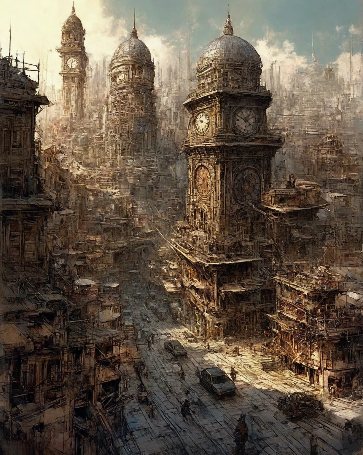 there is a drawing of a city with a clock tower, insanely highly detailed artwork, realistic painting of a complex, complex layered composition!!, expansive detailed layered city, realistic intricate concept art, big and structured valhalla city, multi layered huge architectures, insanely detailed art, atelier olschinsky, intricate cyberpunk city, intricate matte painting, intricate concept art