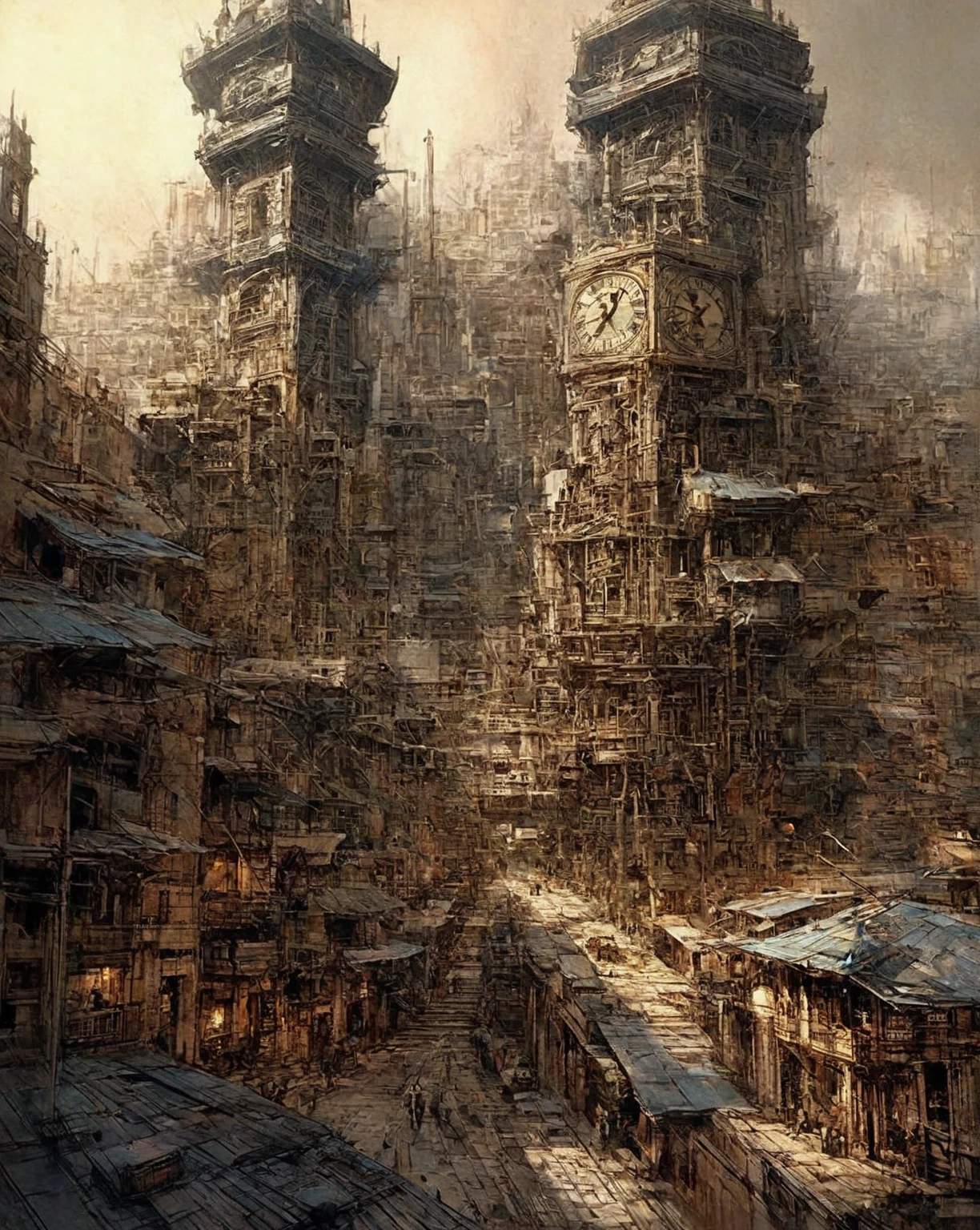 there is a drawing of a city with a clock tower, insanely highly detailed artwork, realistic painting of a complex, complex layered composition!!, expansive detailed layered city, realistic intricate concept art, big and structured valhalla city, multi layered huge architectures, insanely detailed art, atelier olschinsky, intricate cyberpunk city, intricate matte painting, intricate concept art