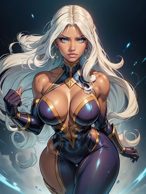 best quality, 1girl, mature woman, ((((tall)))) ((dark skin)), (small breasts), chubby, (muscular legs), long ((curly)) white hair with bangs, Storm, also known as Ororo Munroe, Marvel character, exposed shoulder (floating in the air), huge lips, eyelashes, blue eyes, gloves, angry, (simple background), close up