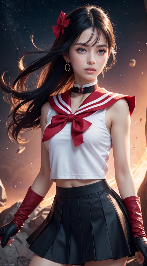 ((HD Real, Same 1 level)), Extremely realistic, masterpiece, Highest quality, High resolution, Same 1, space, Stunning beauty, Upper Body Shot, 1 girl, chest, gloves, lips, alone, Sailor Mars, Purple eyes,  uniform, Show more1, tiara, sailor warrior uniform, (RAW Photos, Highest quality), masterpiece, 浮かぶ長いBlack Hair, Red Sailor Collar, bow, choker, 白いgloves, red choker, 肘用gloves, jewelry, Earrings, Red Skirt, only, whole body, Black Hair, (Perfect hands): 3.8, Octane Rendering, Goddess of Fire, (close: 1.2) In detail, Beautiful Eyes, close, Small eyes, Show Viewer, to8 contrast style, Octane line drawing, space background, Mars, There&#39;s flames all around her, Red Flame, Intense gaze, Clear Eyes, Hands down