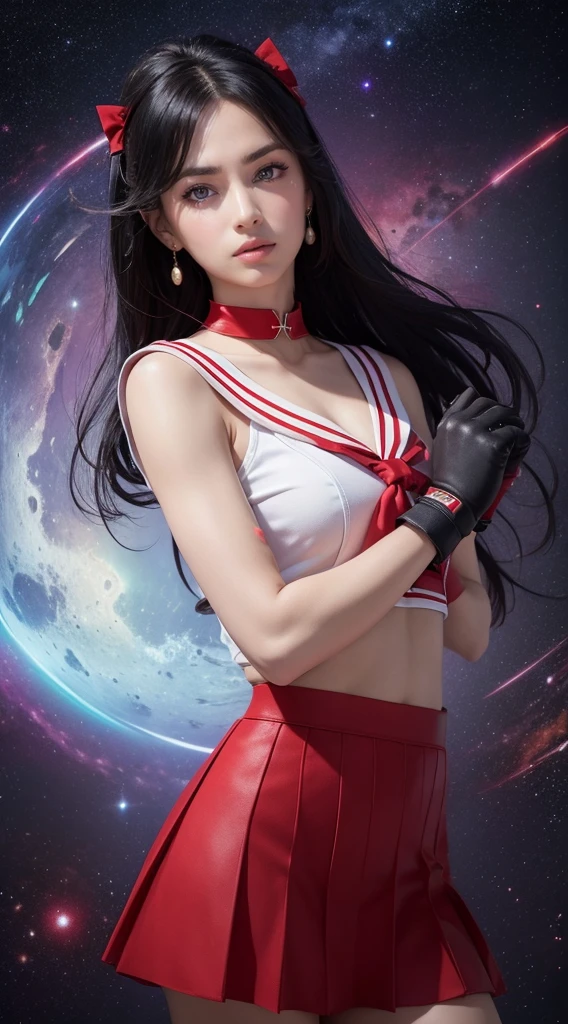 ((HD Real, Same 1 level)), Extremely realistic, masterpiece, Highest quality, High resolution, Same 1, space, Stunning beauty, Upper Body Shot, 1 girl, chest, gloves, lips, alone, Sailor Mars, Purple eyes,  uniform, Show more1, tiara, sailor warrior uniform, (RAW Photos, Highest quality), masterpiece, 浮かぶ長いBlack Hair, Red Sailor Collar, bow, choker, 白いgloves, red choker, 肘用gloves, jewelry, Earrings, Red Skirt, only, whole body, Black Hair, (Perfect hands): 3.8, Octane Rendering, Goddess of Fire, (close: 1.2) In detail, Beautiful Eyes, close, Small eyes, Show Viewer, to8 contrast style, Octane line drawing, space background, Mars, There&#39;s flames all around her, Red Flame, Intense gaze, Clear Eyes, Hands down