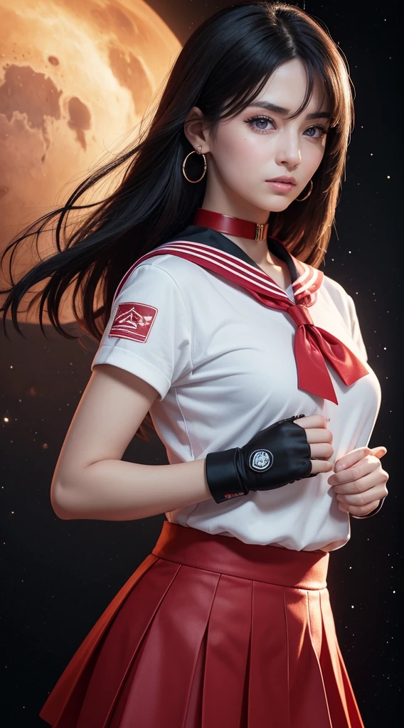 ((HD Real, Same 1 level)), Extremely realistic, masterpiece, Highest quality, High resolution, Same 1, space, Stunning beauty, Upper Body Shot, 1 girl, chest, gloves, lips, alone, Sailor Mars, Purple eyes,  uniform, Show more1, tiara, sailor warrior uniform, (RAW Photos, Highest quality), masterpiece, 浮かぶ長いBlack Hair, Red Sailor Collar, bow, choker, 白いgloves, red choker, 肘用gloves, jewelry, Earrings, Red Skirt, only, whole body, Black Hair, (Perfect hands): 3.8, Octane Rendering, Goddess of Fire, (close: 1.2) In detail, Beautiful Eyes, close, Small eyes, Show Viewer, to8 contrast style, Octane line drawing, space background, Mars, There&#39;s flames all around her, Red Flame, Intense gaze, Clear Eyes, Hands down