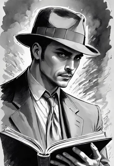 sketch of detective inspector, featuring a man, captivating gaze, clutching a book, only upper body visible, subtle shading to s...